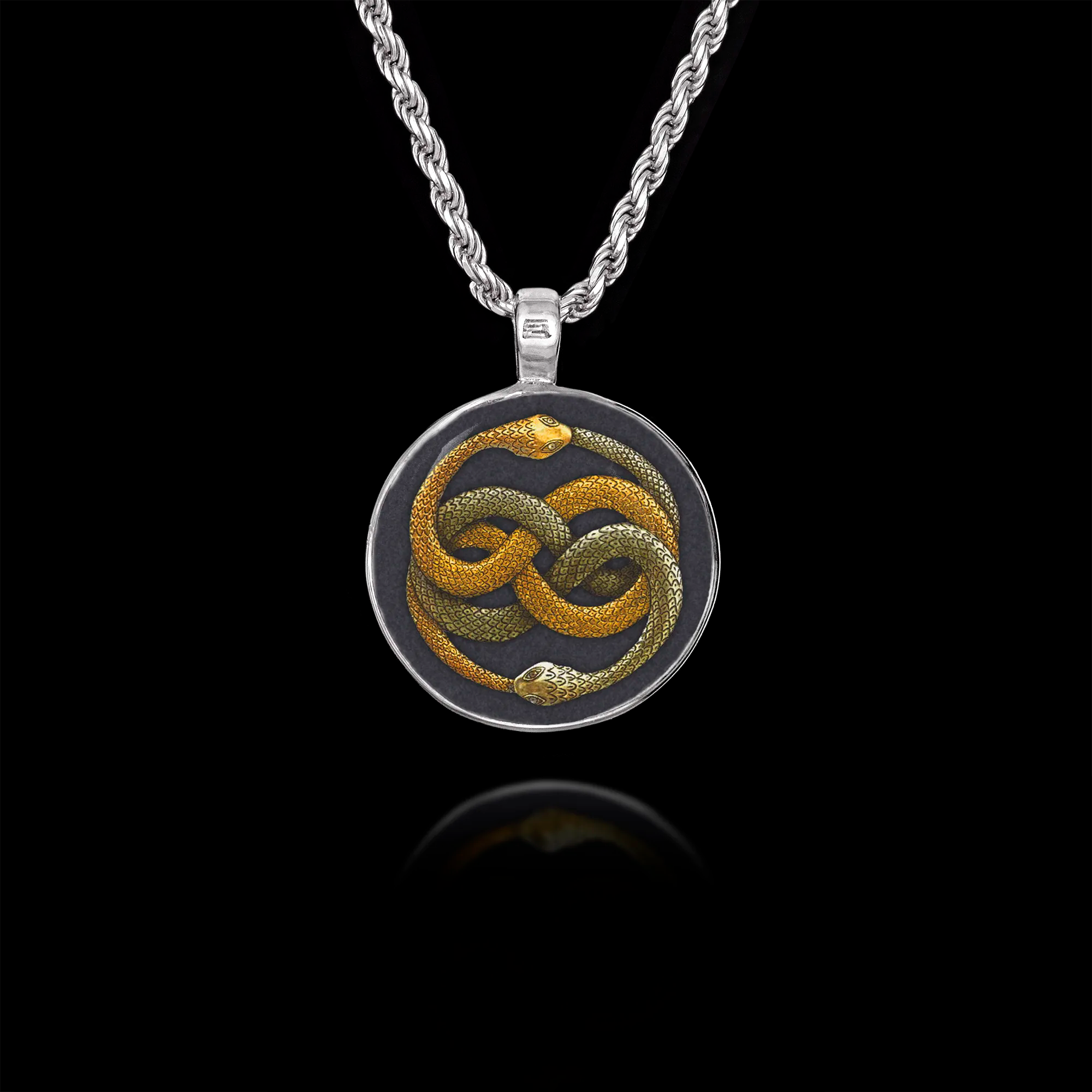 Round 925 sterling silver pendant featuring the Auryn symbol of two intertwined snakes (gold and silver) biting each other's tails.