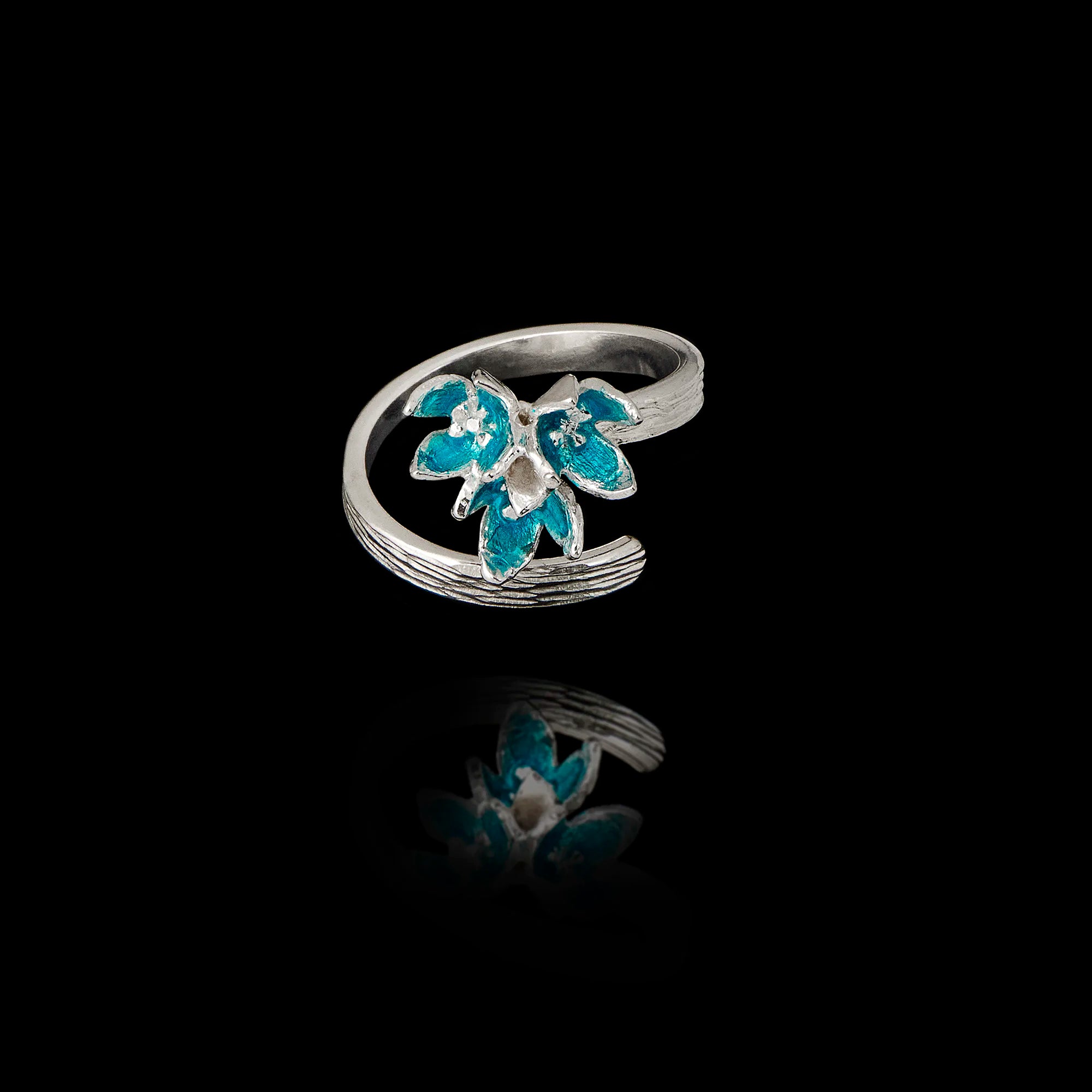 Turquoise Enamel Triple-Flower Wrap Ring - 925 Silver Secondary image