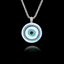 Round 925 sterling silver pendant featuring the traditional blue, turquoise, and white Evil Eye (Mati) symbol.