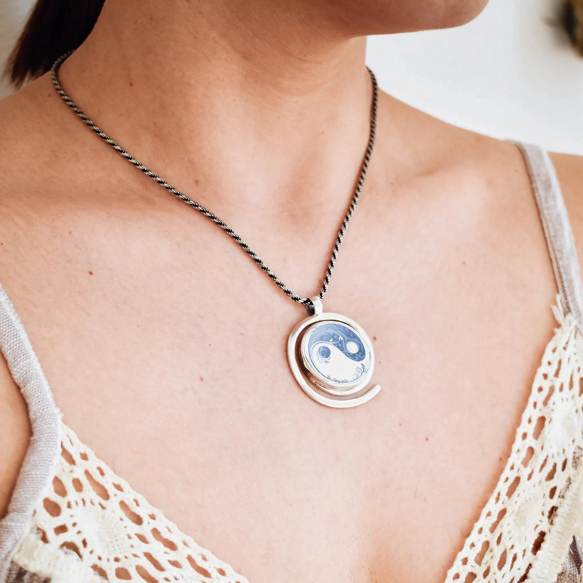 Blue Floral Yin Yang Silver Pendant - Spiral Harmony Necklace Secondary image