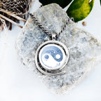 Blue Floral Yin Yang Silver Pendant - Spiral Harmony Necklace