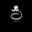 Perspective view of an adjustable silver ring designed as a flower with textured petals and a pearl in the center.