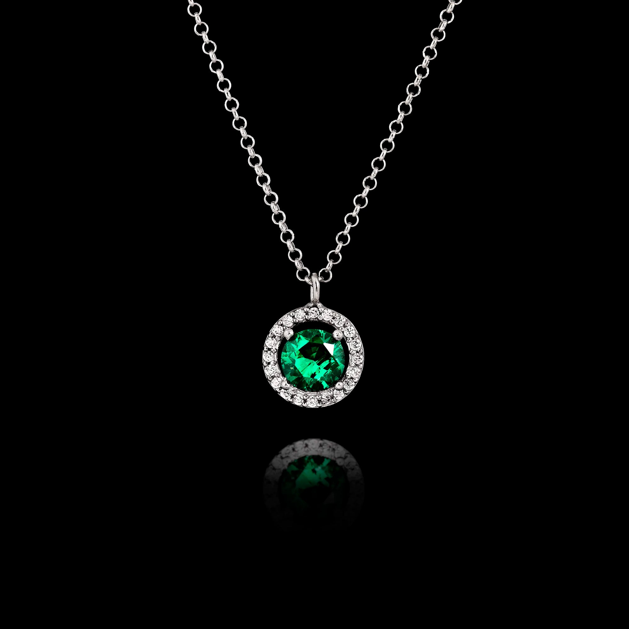925 sterling silver pendant necklace featuring a round 6mm green zircon surrounded by a halo of smaller Swarovski crystals on an adjustable silver chain.