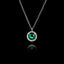 925 sterling silver pendant necklace featuring a round 6mm green zircon surrounded by a halo of smaller Swarovski crystals on an adjustable silver chain.