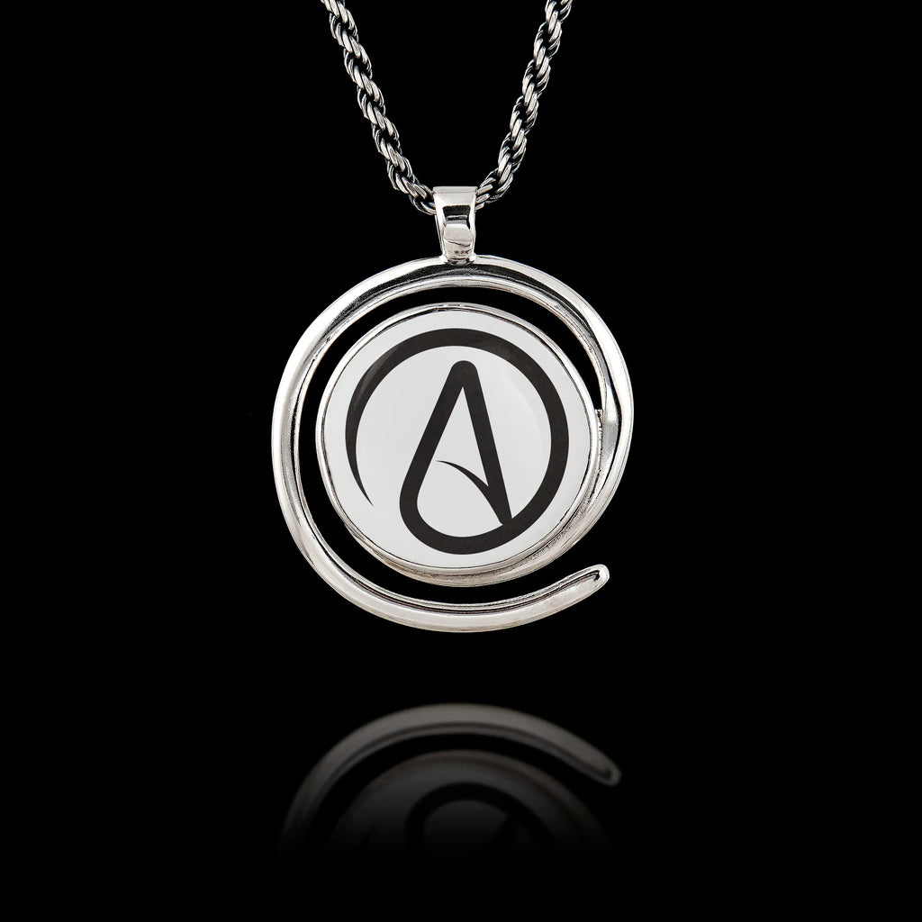 Round 925 sterling silver pendant with a spiral frame featuring the black Atheist "A" symbol on a white background.