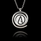 Round 925 sterling silver pendant with a spiral frame featuring the black Atheist "A" symbol on a white background.
