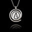 Round 925 sterling silver pendant with a spiral frame featuring the black Atheist "A" symbol on a white background.