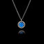 925 sterling silver pendant necklace featuring a round 6mm sapphire blue gemstone surrounded by a halo of smaller Swarovski crystals on an adjustable silver chain.