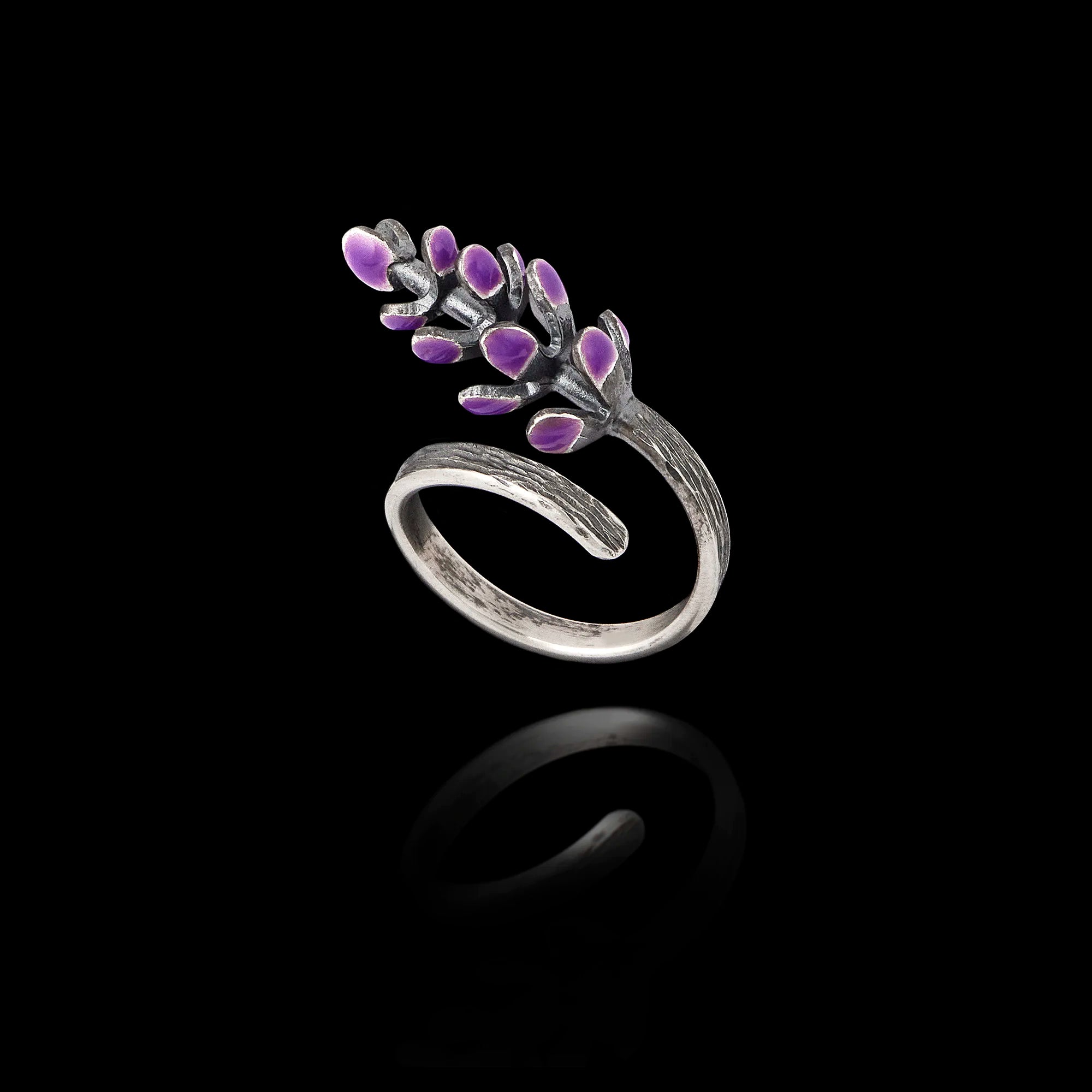 Silver ring with purple lavender design on a black background Main image