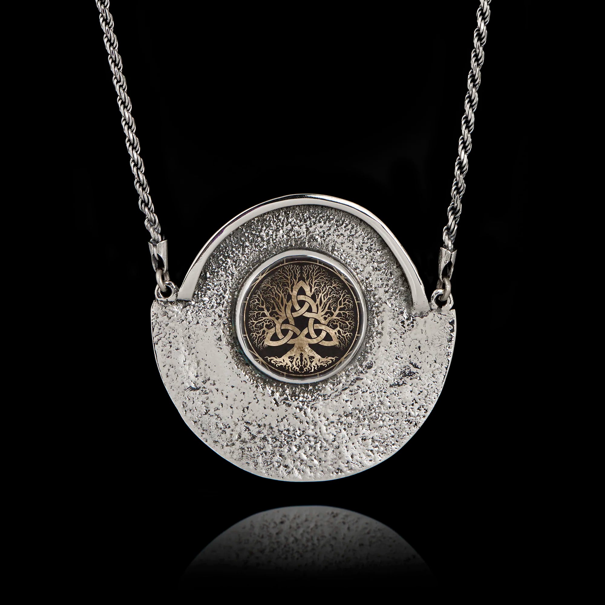 Unique 925 sterling silver statement necklace featuring a round ceramic Tree of Life with Celtic knots, set in a textured hammered silver crescent frame.