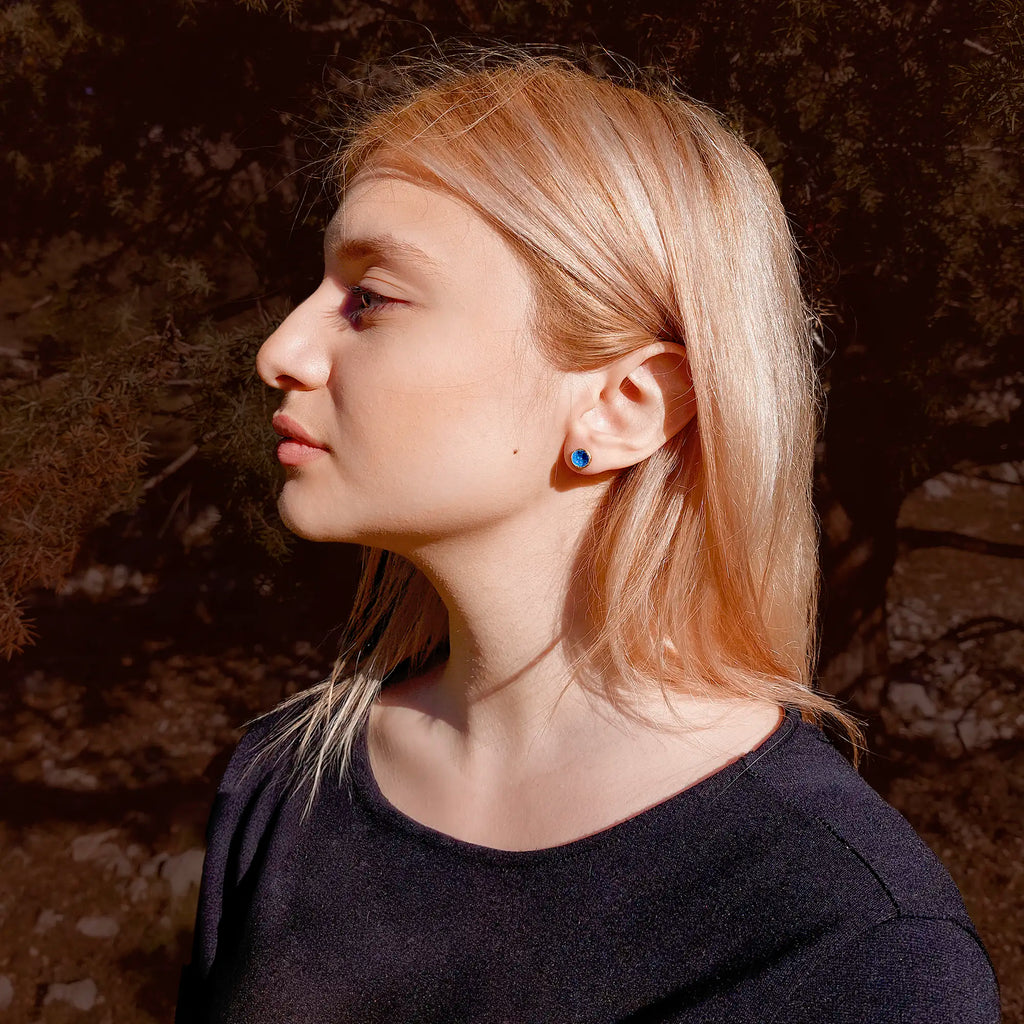 Blue Agate Gold Stud Earrings - 925 Silver