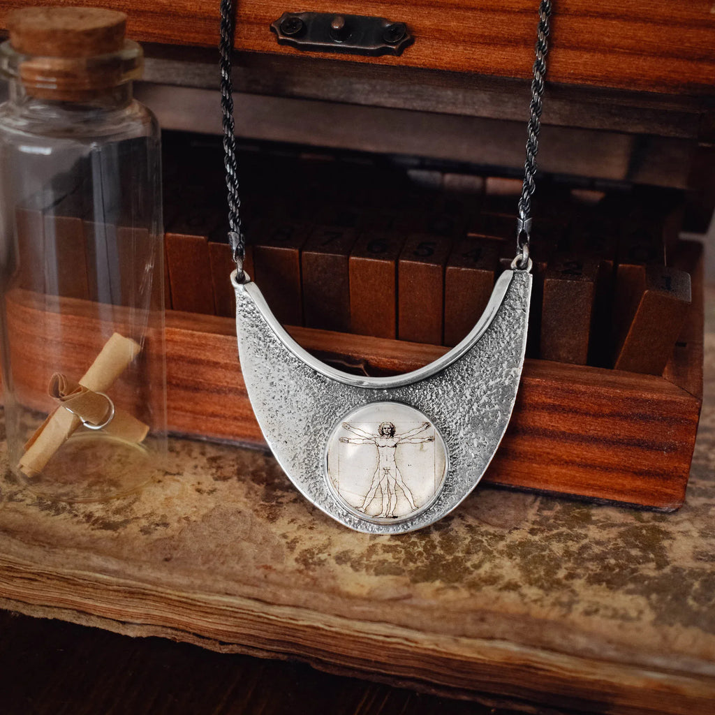 Vitruvian Man Silver Necklace - Da Vinci Art Statement Pendant