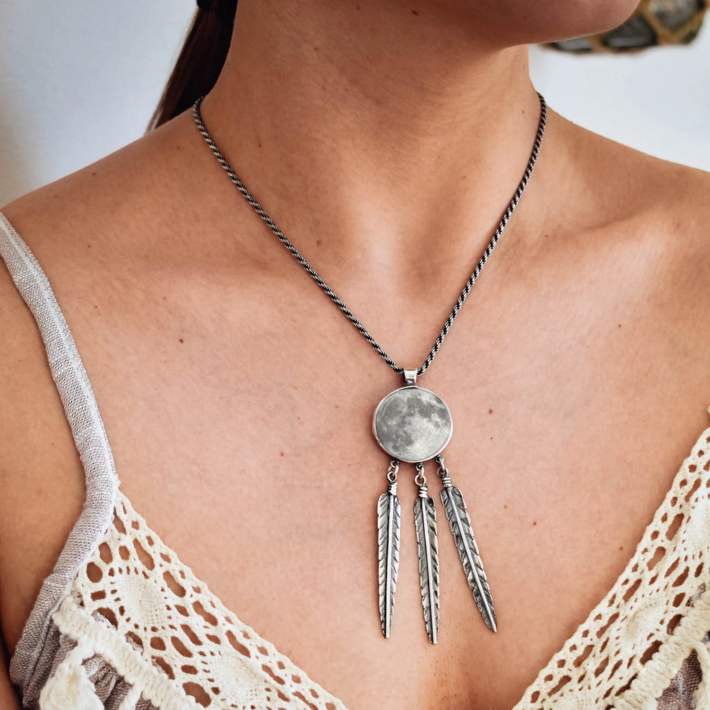 Full Moon Dreamcatcher Silver Pendant - Celestial Boho Necklace
