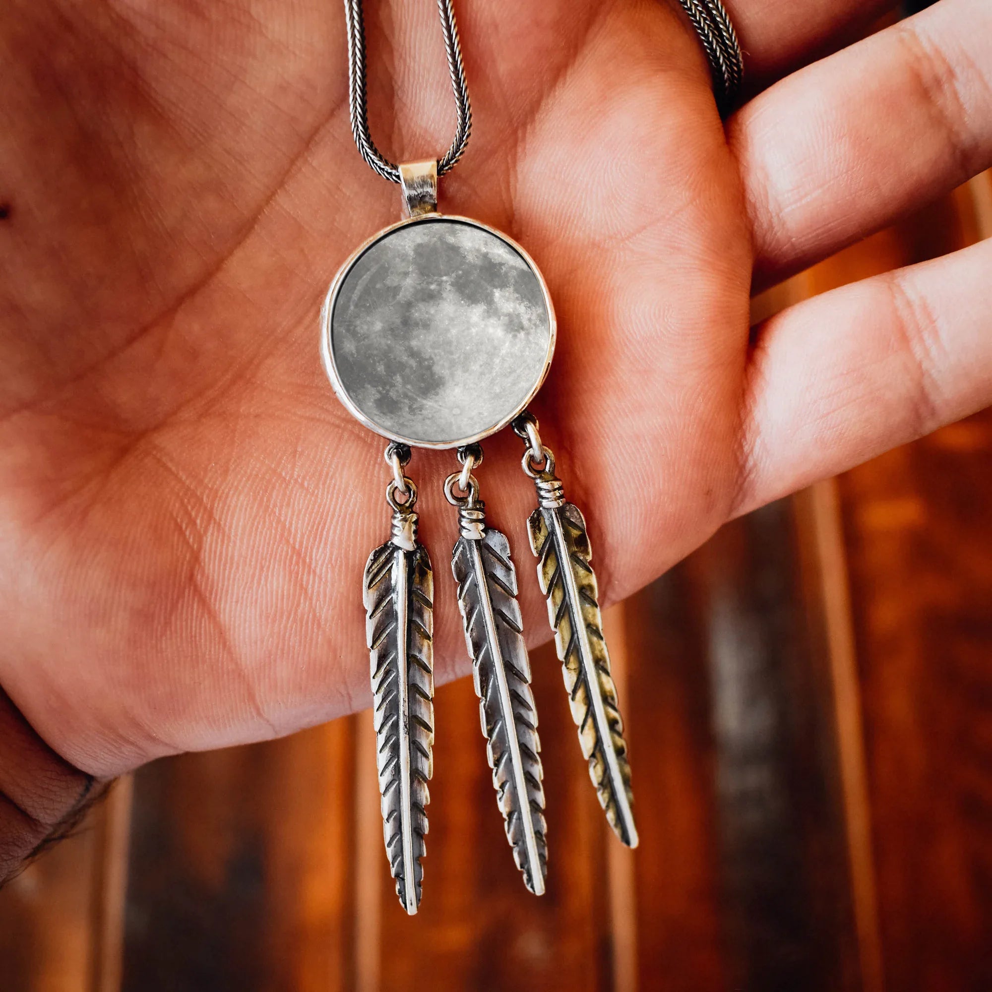 Full Moon Dreamcatcher Silver Pendant - Celestial Boho Necklace