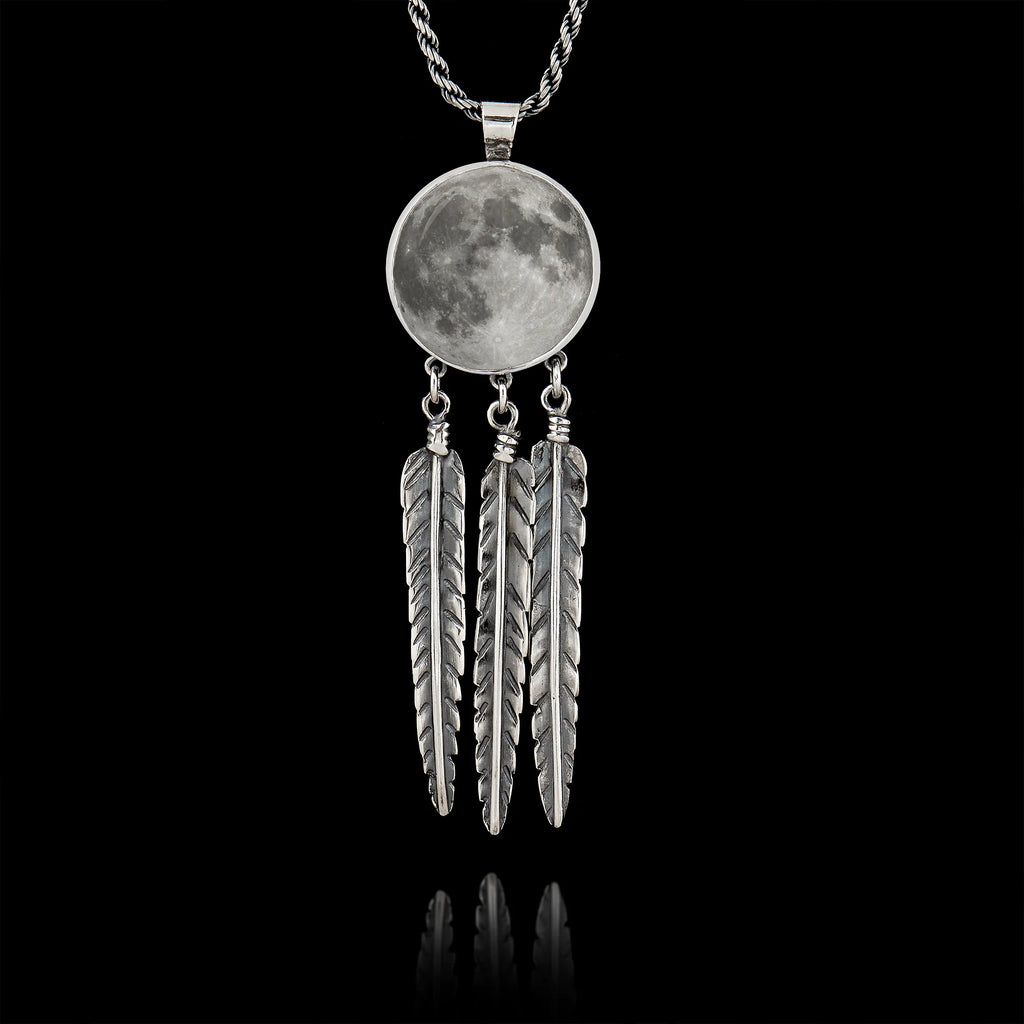 Full Moon Dreamcatcher Silver Pendant - Celestial Boho Necklace