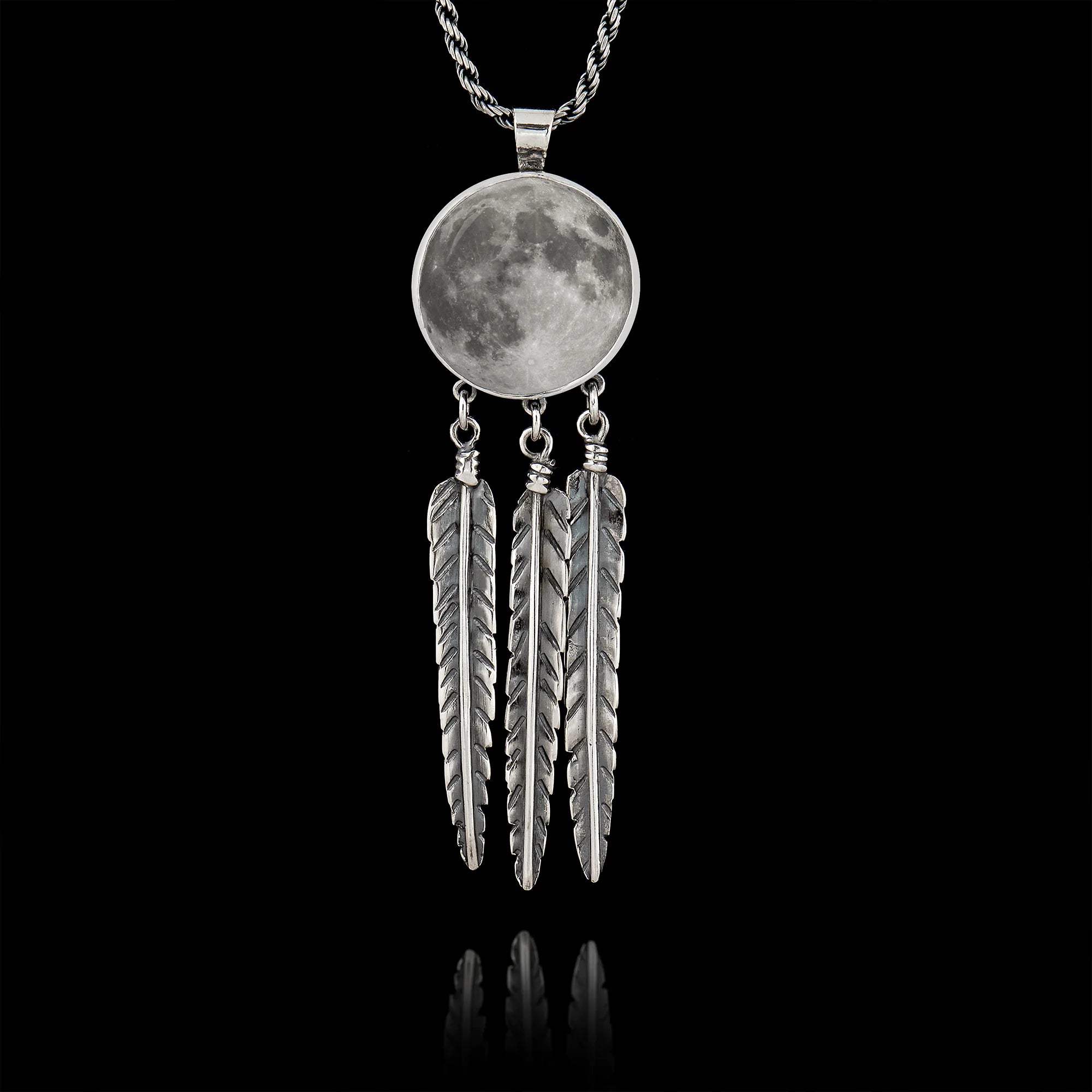Full Moon Dreamcatcher Silver Pendant - Celestial Boho Necklace