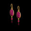 A pair of long gold hook earrings featuring large oval faceted rubies with smaller round ruby beads suspended below in gold settings.