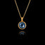 Gold plated 925 sterling silver pendant necklace featuring a round 1cm faceted synthetic blue topaz gemstone on an adjustable chain.