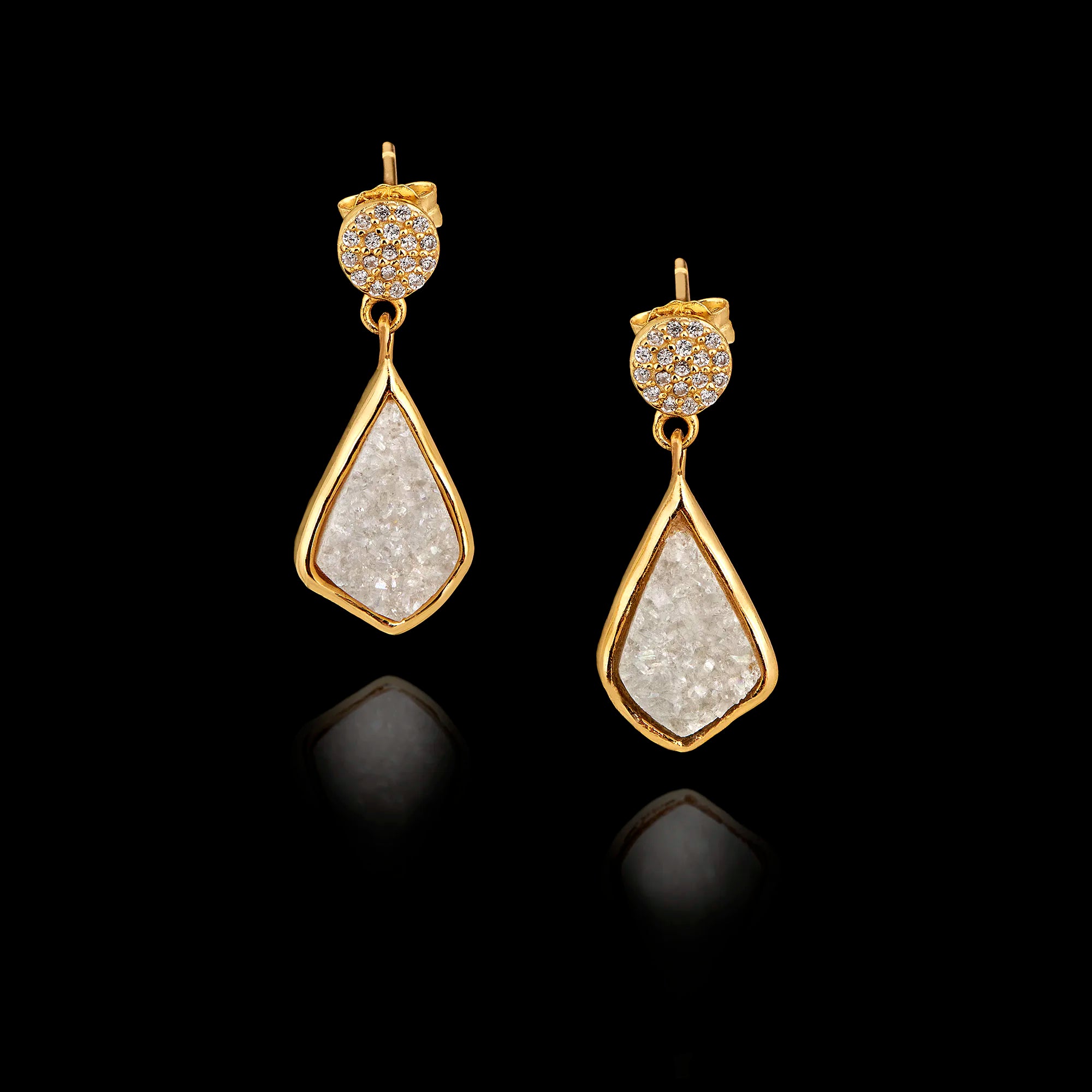 A pair of gold teardrop earrings featuring sparkling druzy agate stones and a circular top encrusted with clear zirconia stones. Main image