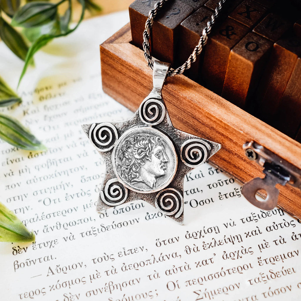 Alexander the Great Star Silver Pendant - Ancient Greek Coin Art Necklace