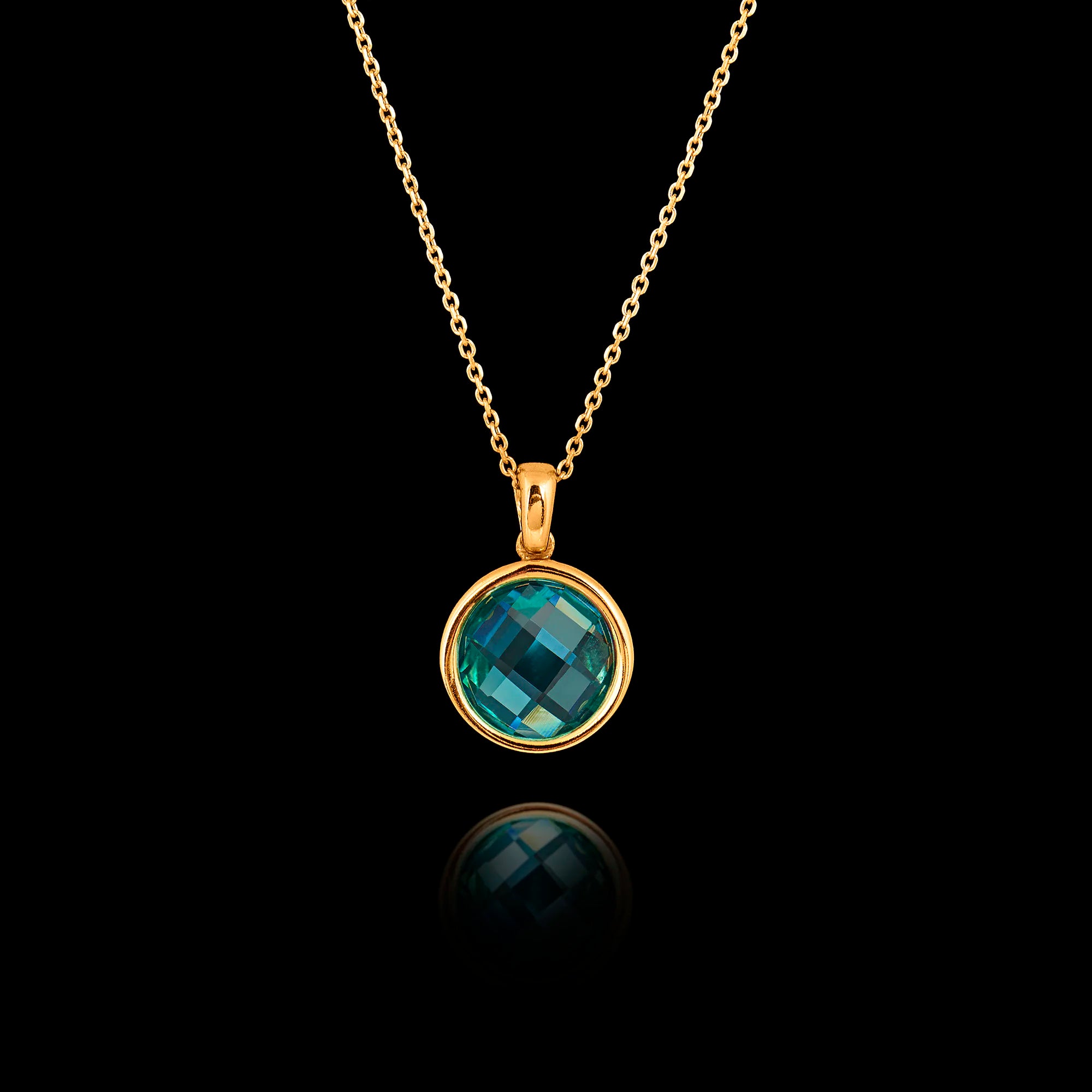 Gold plated 925 sterling silver pendant necklace featuring a round 1cm faceted synthetic emerald gemstone on an adjustable chain. Main image