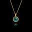 Gold plated 925 sterling silver pendant necklace featuring a round 1cm faceted synthetic emerald gemstone on an adjustable chain.