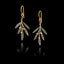 A pair of silver drop earrings shaped like olive branches with rhodium-plated leaves and gold-plated stems and olives.
