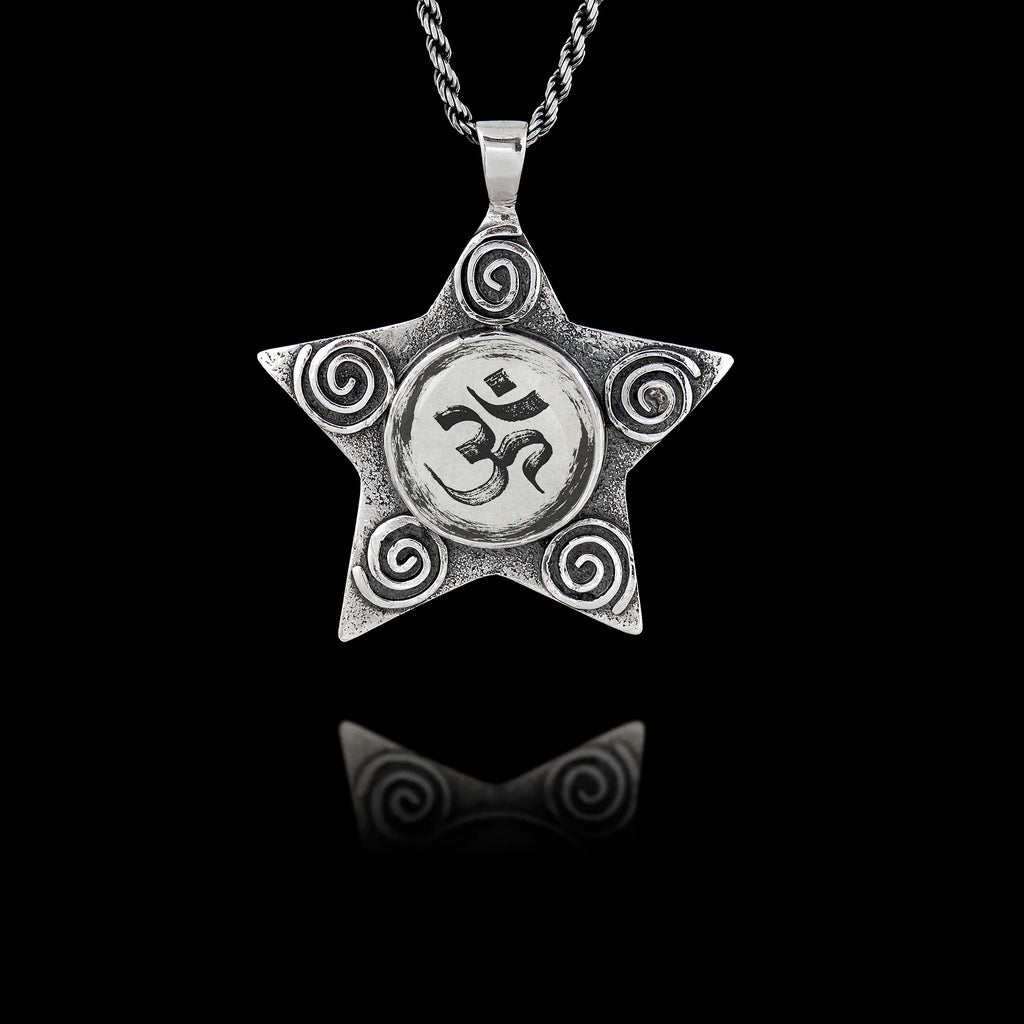 925 sterling silver five-pointed star pendant with spiral details featuring a round ceramic insert with the Sanskrit Om symbol.