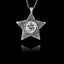 925 sterling silver five-pointed star pendant with spiral details featuring a round ceramic insert with the Sanskrit Om symbol.