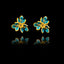 Front view of gold flower stud earrings with layered petals and vibrant turquoise enamel detailing.