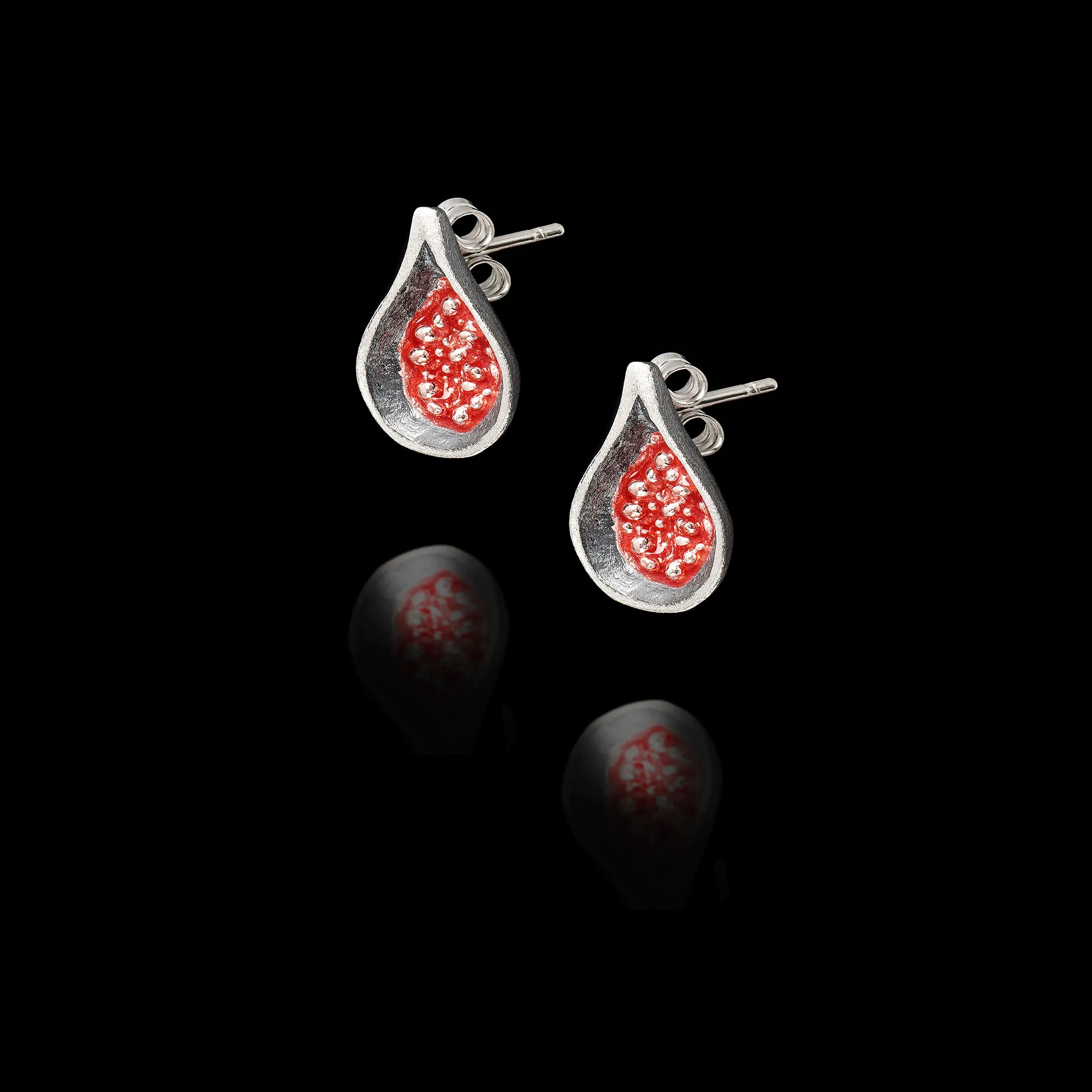 Side view showing the detailed texture of the oxidized silver fig and the secure butterfly post fastening.
