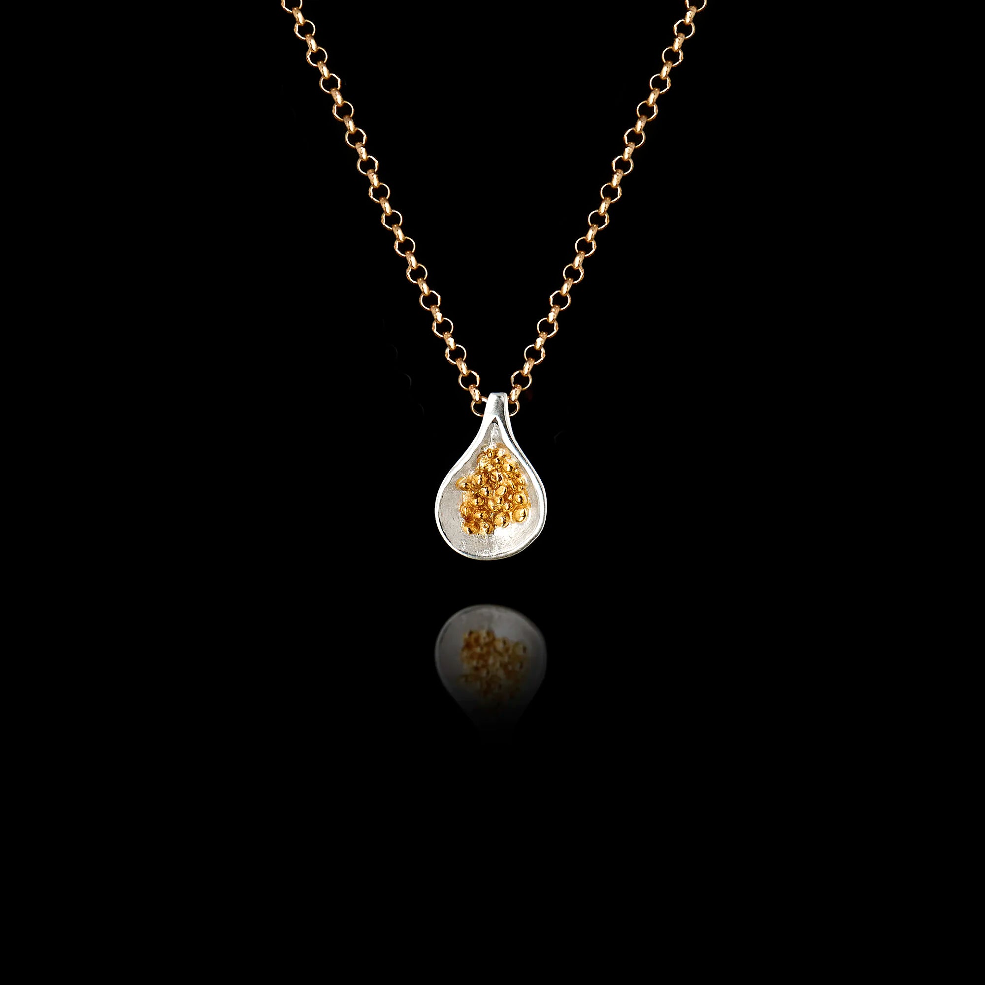 925 sterling silver fig pendant with rhodium-plated teardrop frame and cluster of gold-plated granule seeds inside, hanging on a gold chain against a black background. Main image