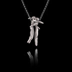 925 sterling silver hug pendant featuring two sculpted human figures in a tender embrace, linked by a small chain, hanging on a silver chain against a black background.