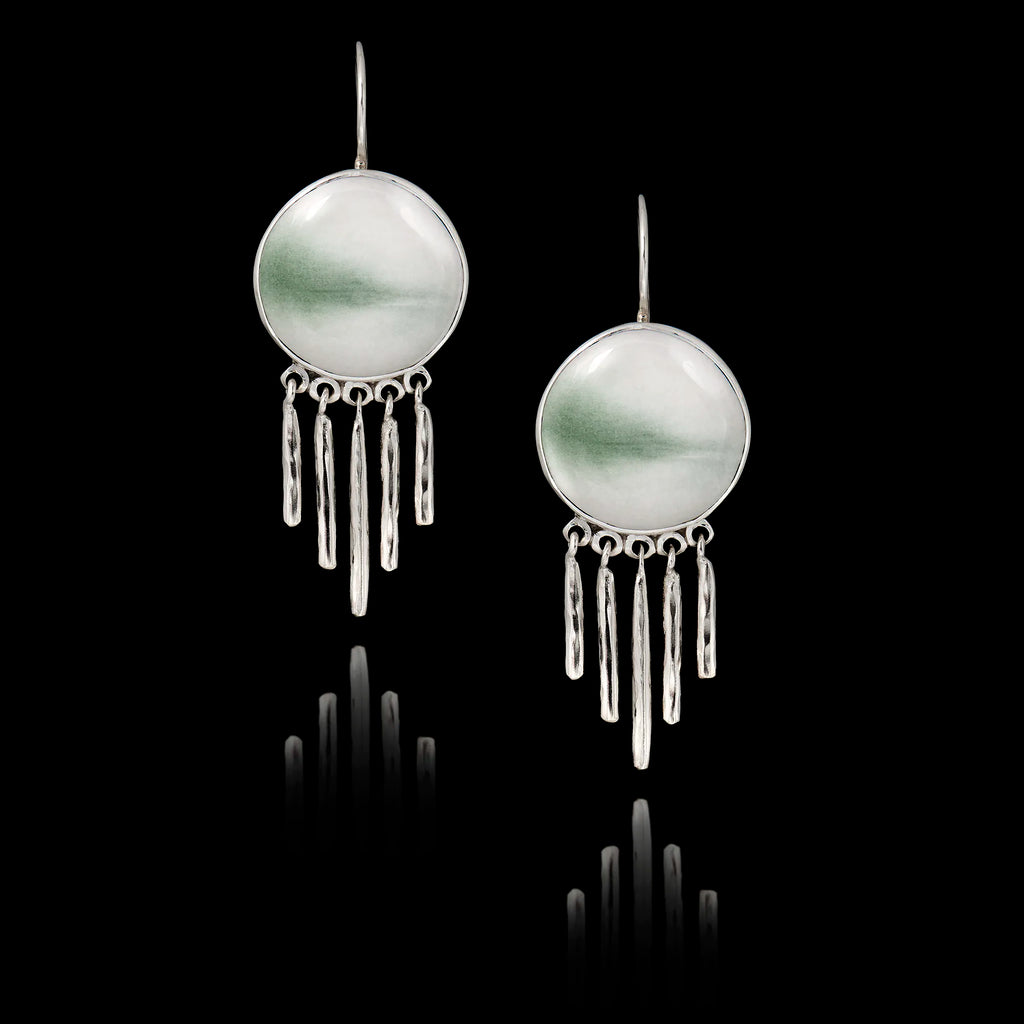 Pair of 925 sterling silver drop earrings featuring a 25mm round ceramic insert with a misty green abstract landscape and a fringe of textured silver bars.
