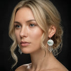 Woman wearing silver earrings against a black background