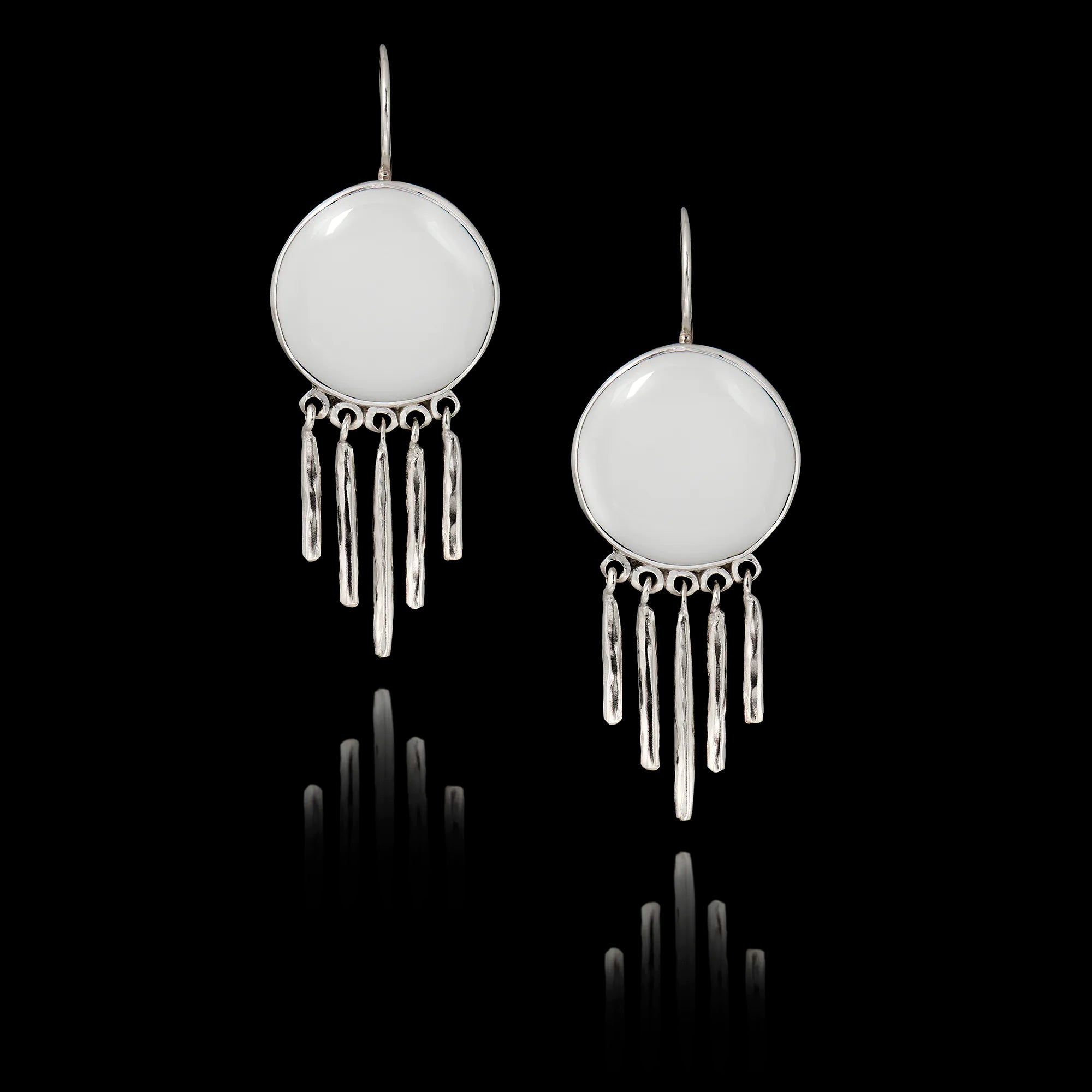 Pair of 925 sterling silver drop earrings featuring a waterfall fringe of five textured silver bars and blank white ceramic inserts ready for custom printing.