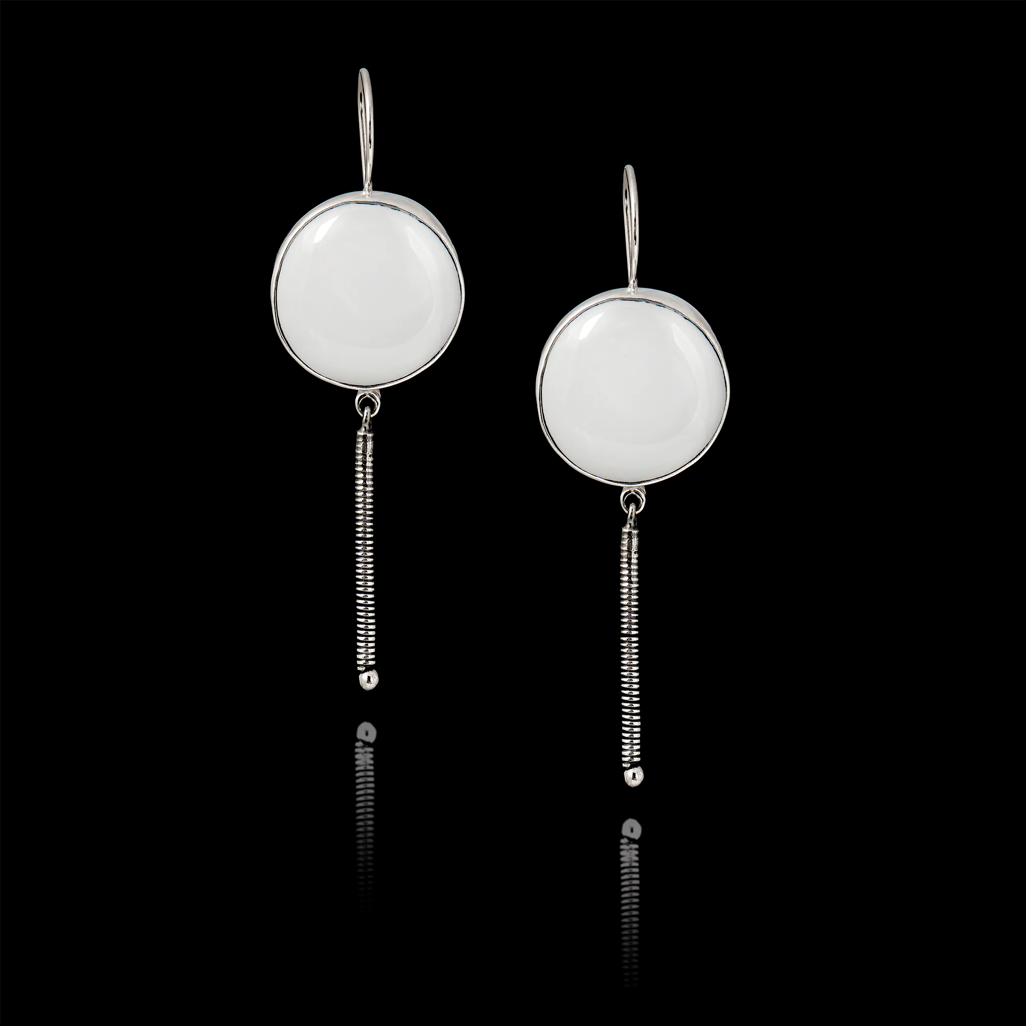 Pair of 925 sterling silver drop earrings featuring long textured coil dangles and blank white ceramic inserts ready for custom printing. Main image