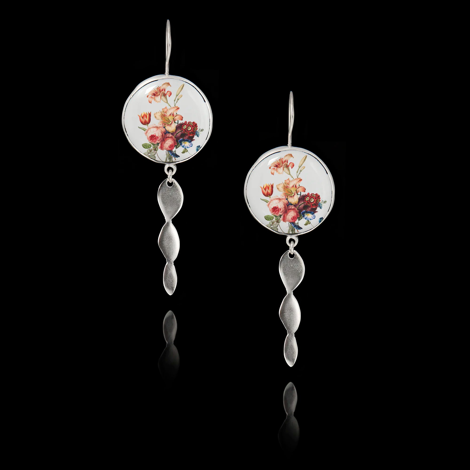 Vintage Floral Bouquet Silver Earrings - Art Ceramic Jewellery Main image