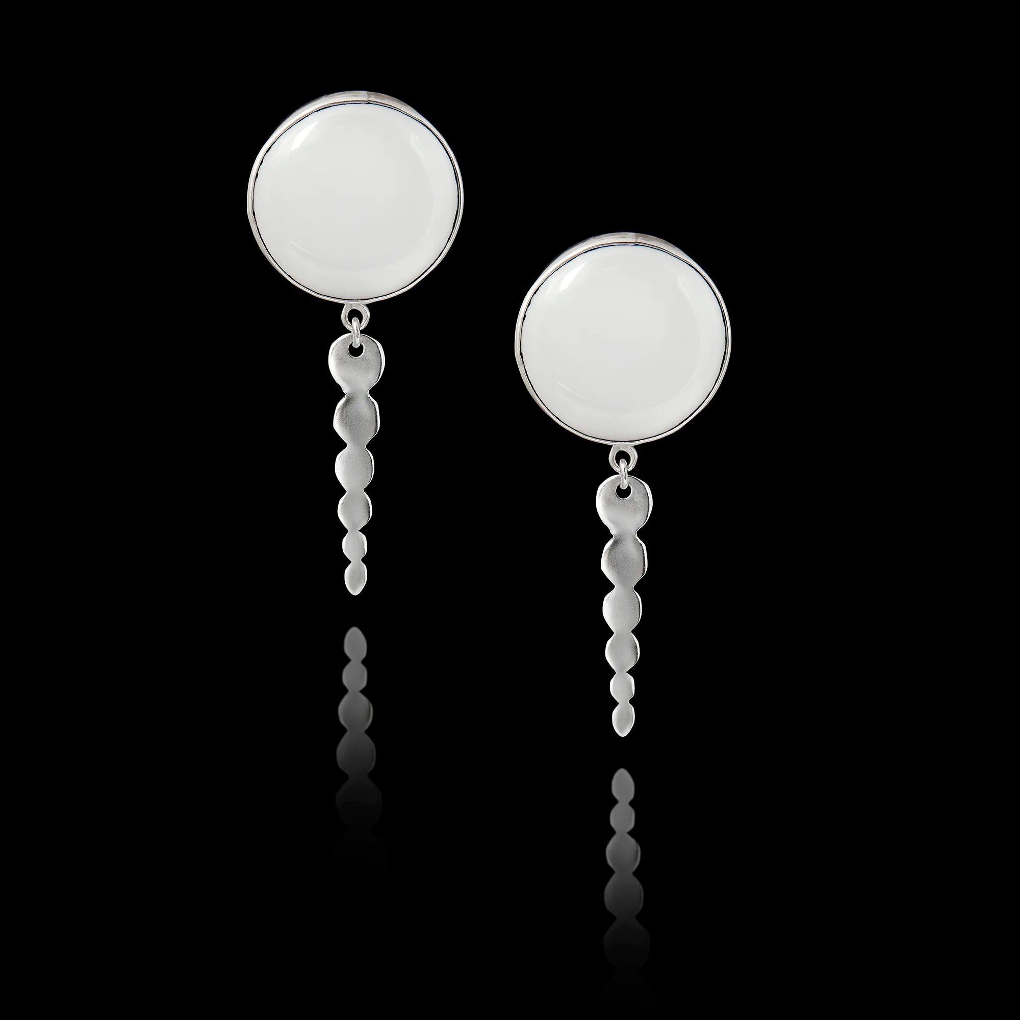 Pair of 925 sterling silver drop earrings with cascading pebble-shaped dangles and blank white ceramic inserts ready for custom printing.
