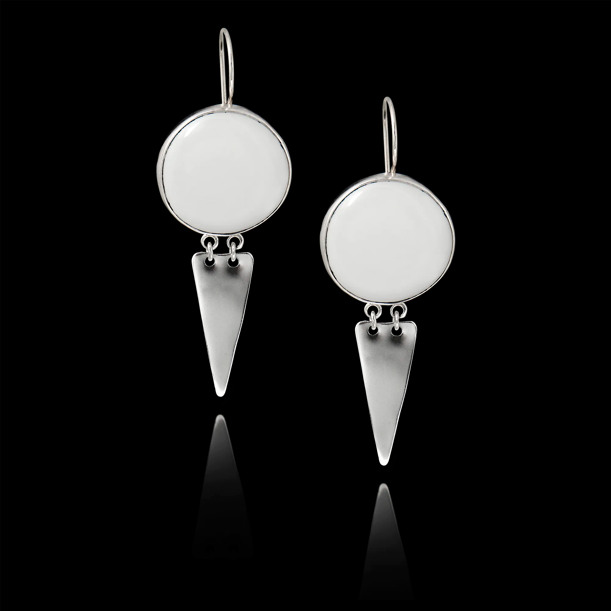 Pair of 925 sterling silver drop earrings with geometric triangle dangles and blank white ceramic inserts ready for custom printing.