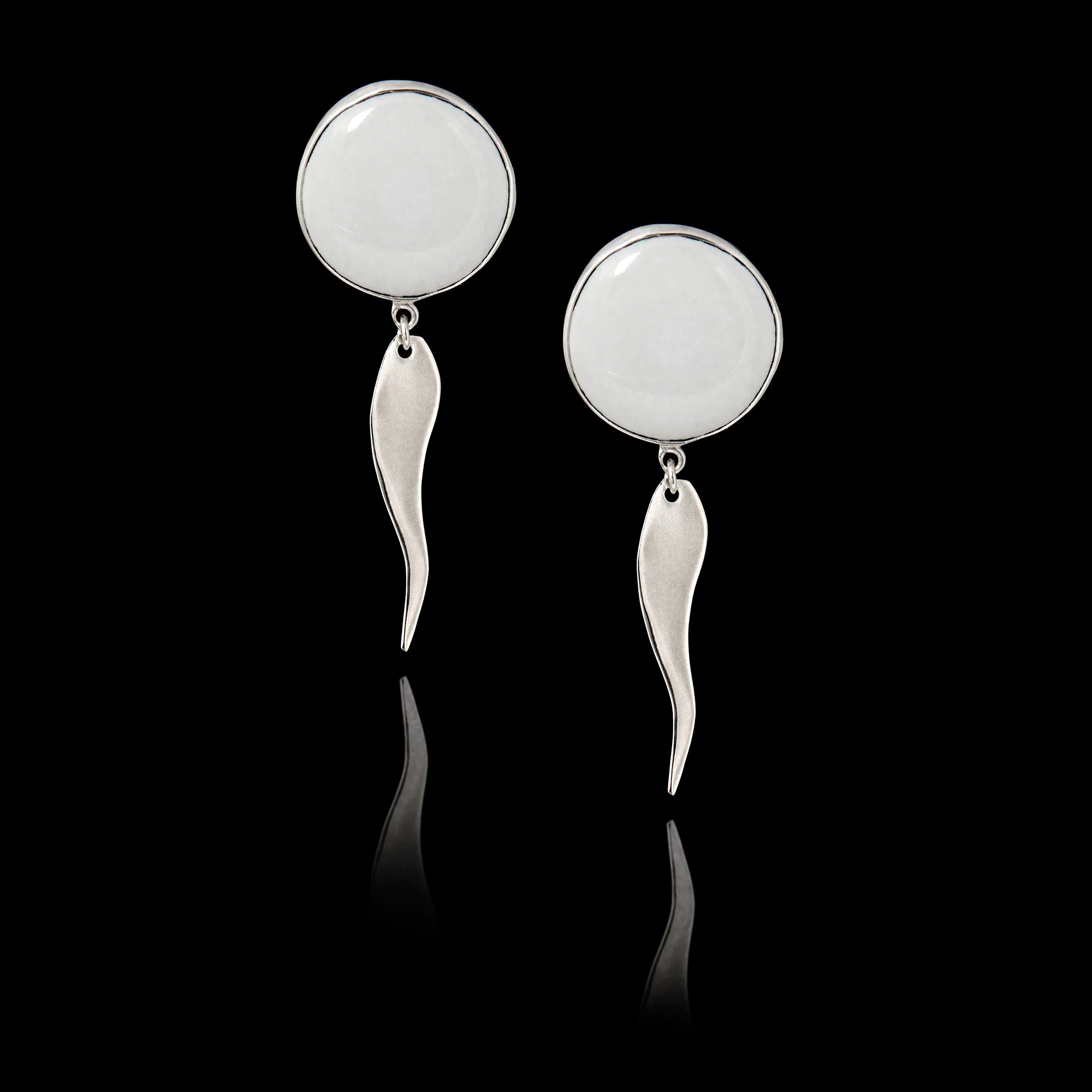 Pair of 925 sterling silver drop earrings featuring curved, sculptural silver dangles and blank white ceramic inserts ready for custom printing.