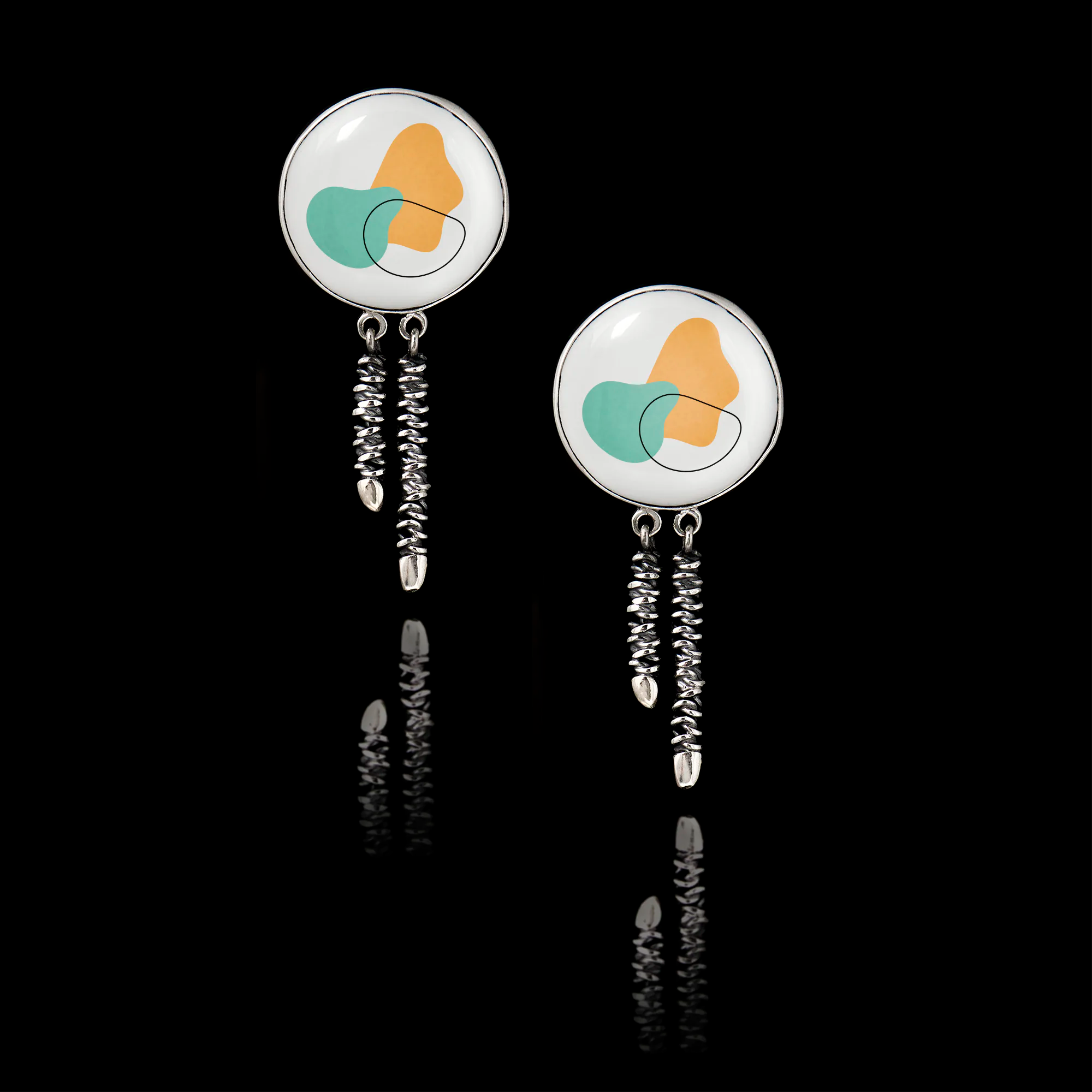 Pair of 925 sterling silver drop earrings featuring a 25mm round ceramic insert with abstract teal and mustard shapes and two textured silver coil dangles.