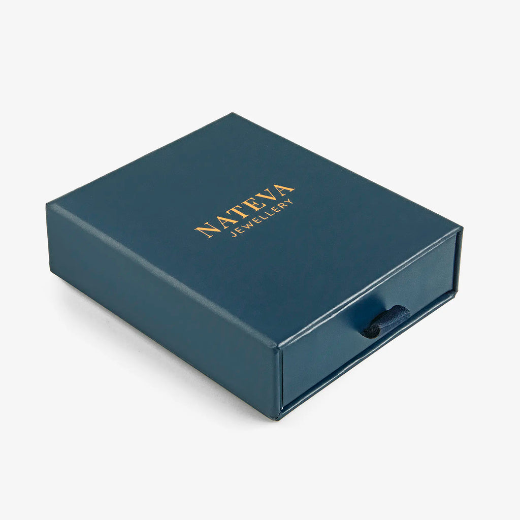 Blue jewellery box with 'Nateva Jewellery' branding on a white background