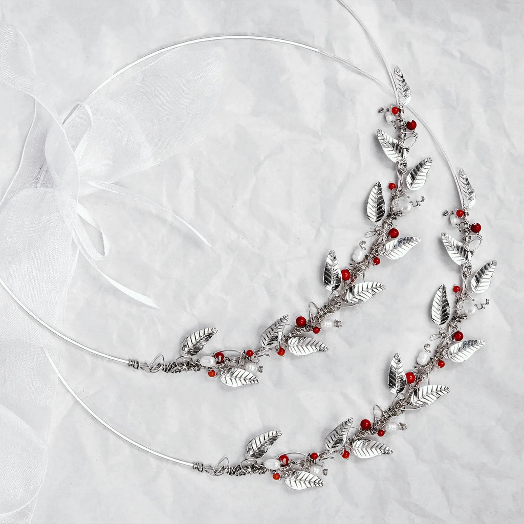 Greek Orthodox Wedding Crowns (Stefana), Laurel Leaf, Red Coral & Pearl Accents