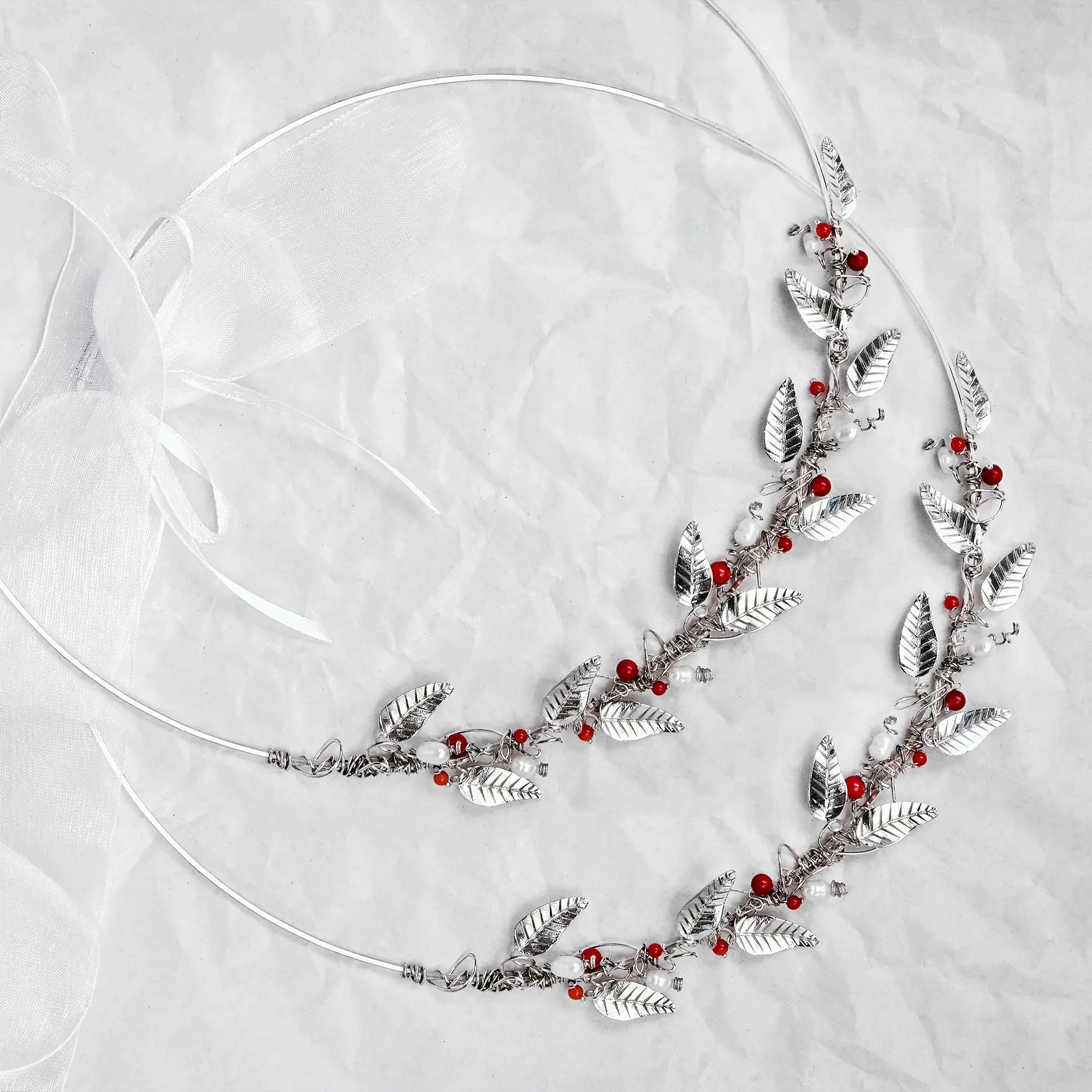 Greek Orthodox Wedding Crowns (Stefana), Laurel Leaf, Red Coral & Pearl Accents Main image