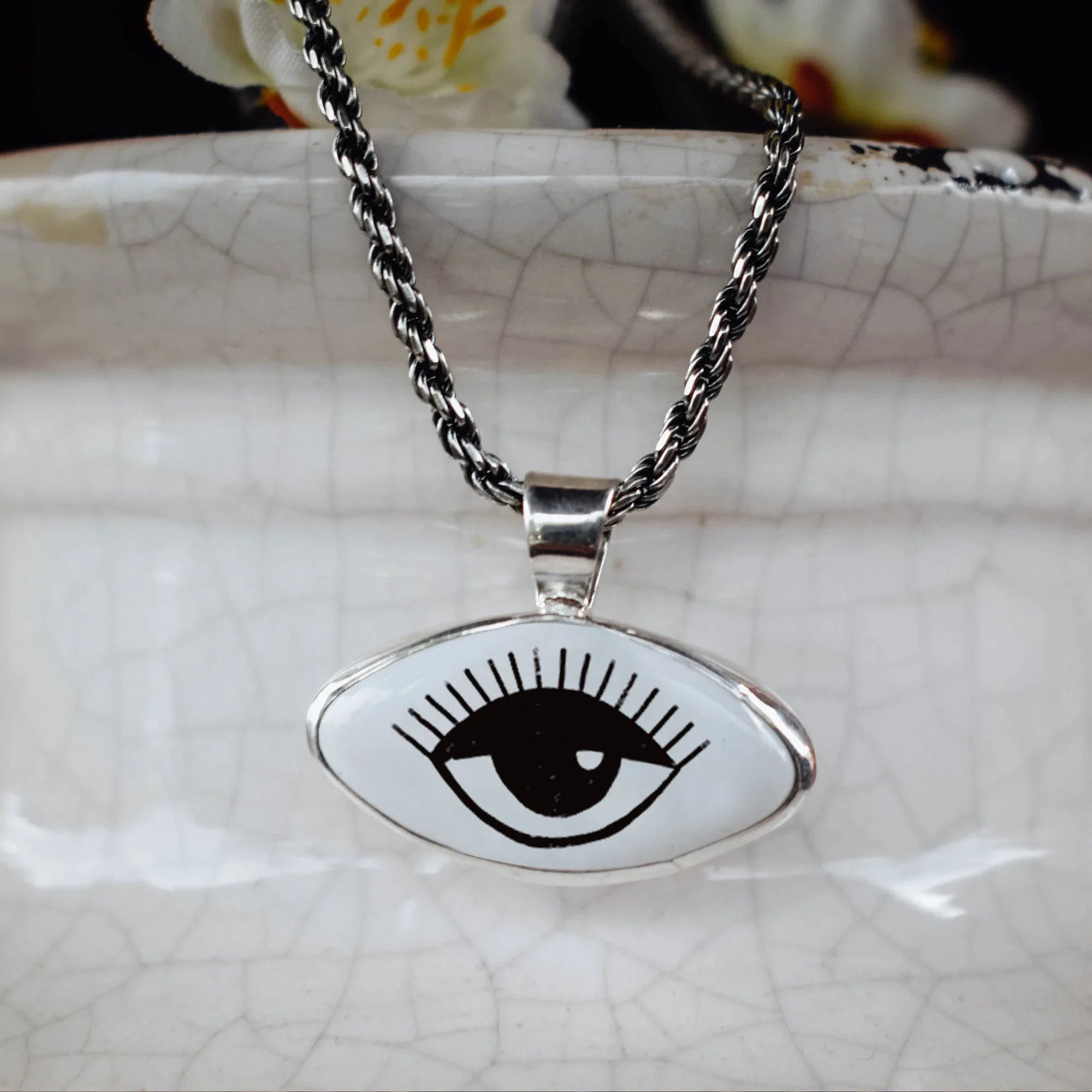 Minimalist Black & White Evil Eye Silver Pendant - Modern Protection Necklace