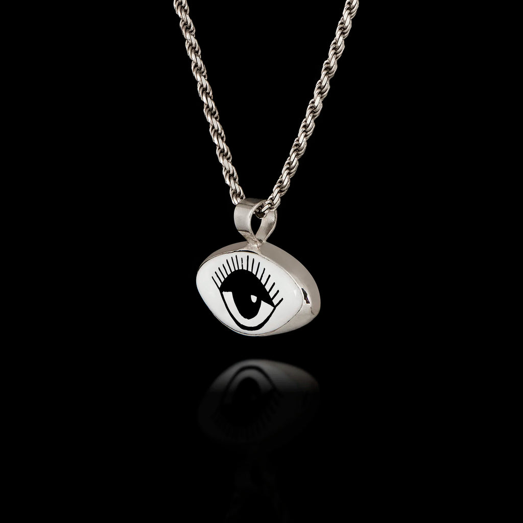 Minimalist Black & White Evil Eye Silver Pendant - Modern Protection Necklace