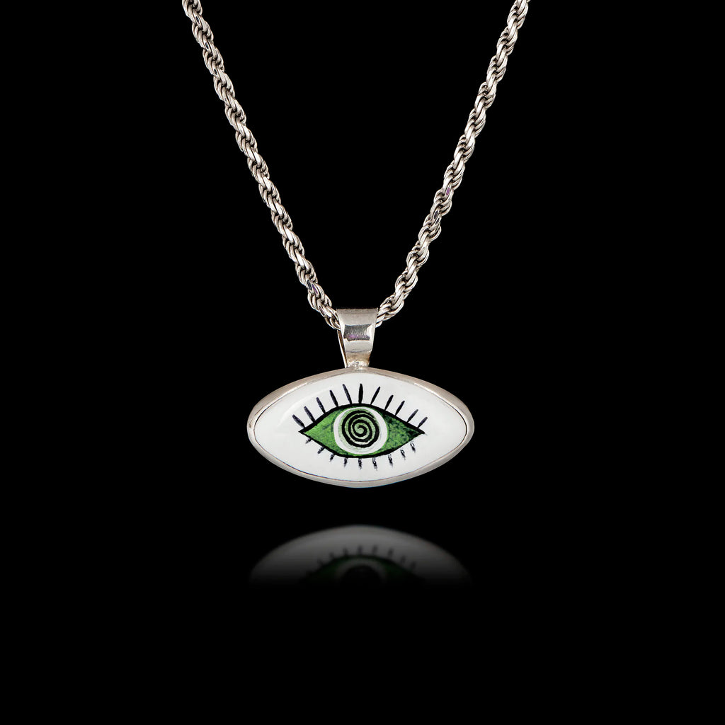 Green Spiral Evil Eye Silver Pendant - Hypnotic Protection Necklace