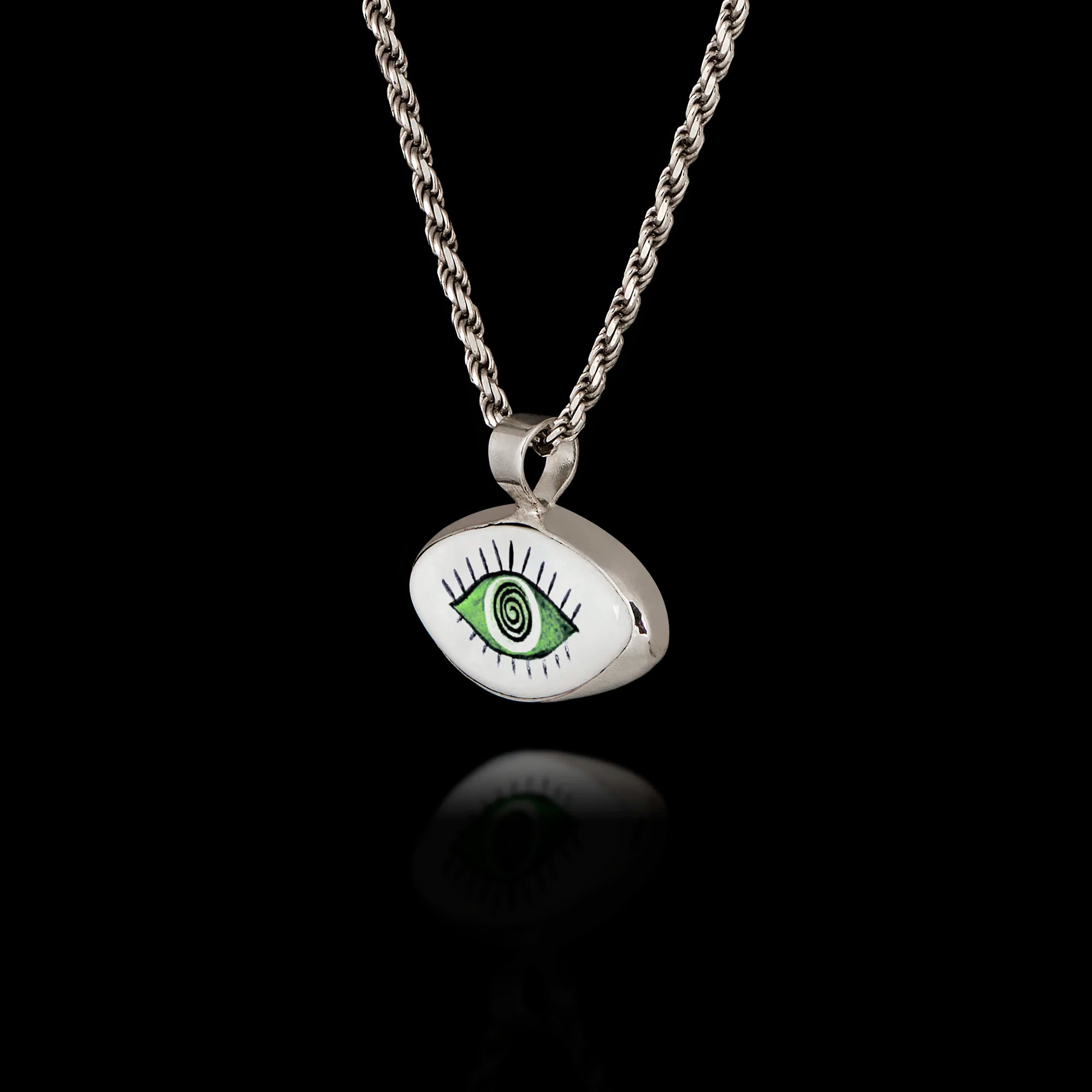 Green Spiral Evil Eye Silver Pendant - Hypnotic Protection Necklace
