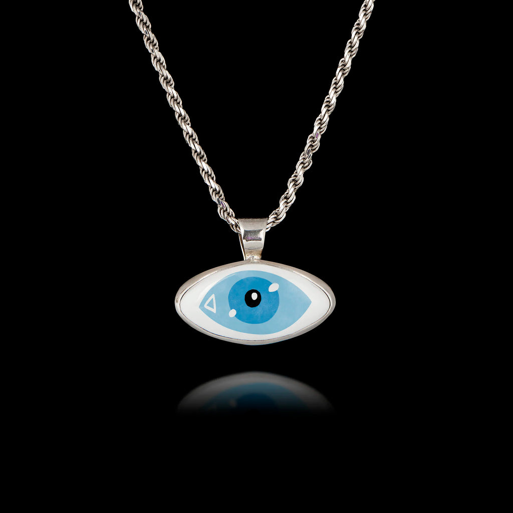Stylized Blue Evil Eye Silver Pendant - Modern Pop Art Necklace